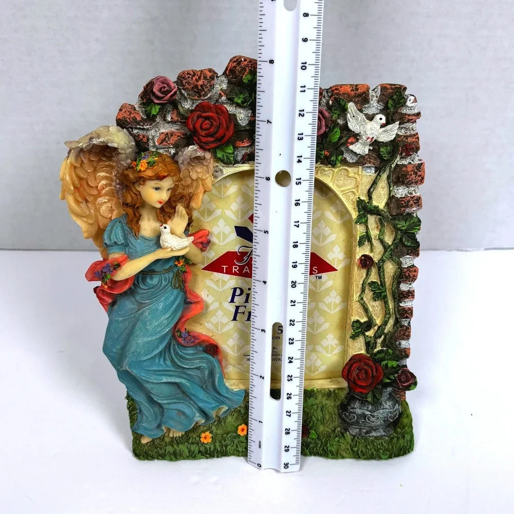 Vtg 90s Guardian Angel Resin PhotoFrame Dove Floral Roses Garden Victorian Fairy